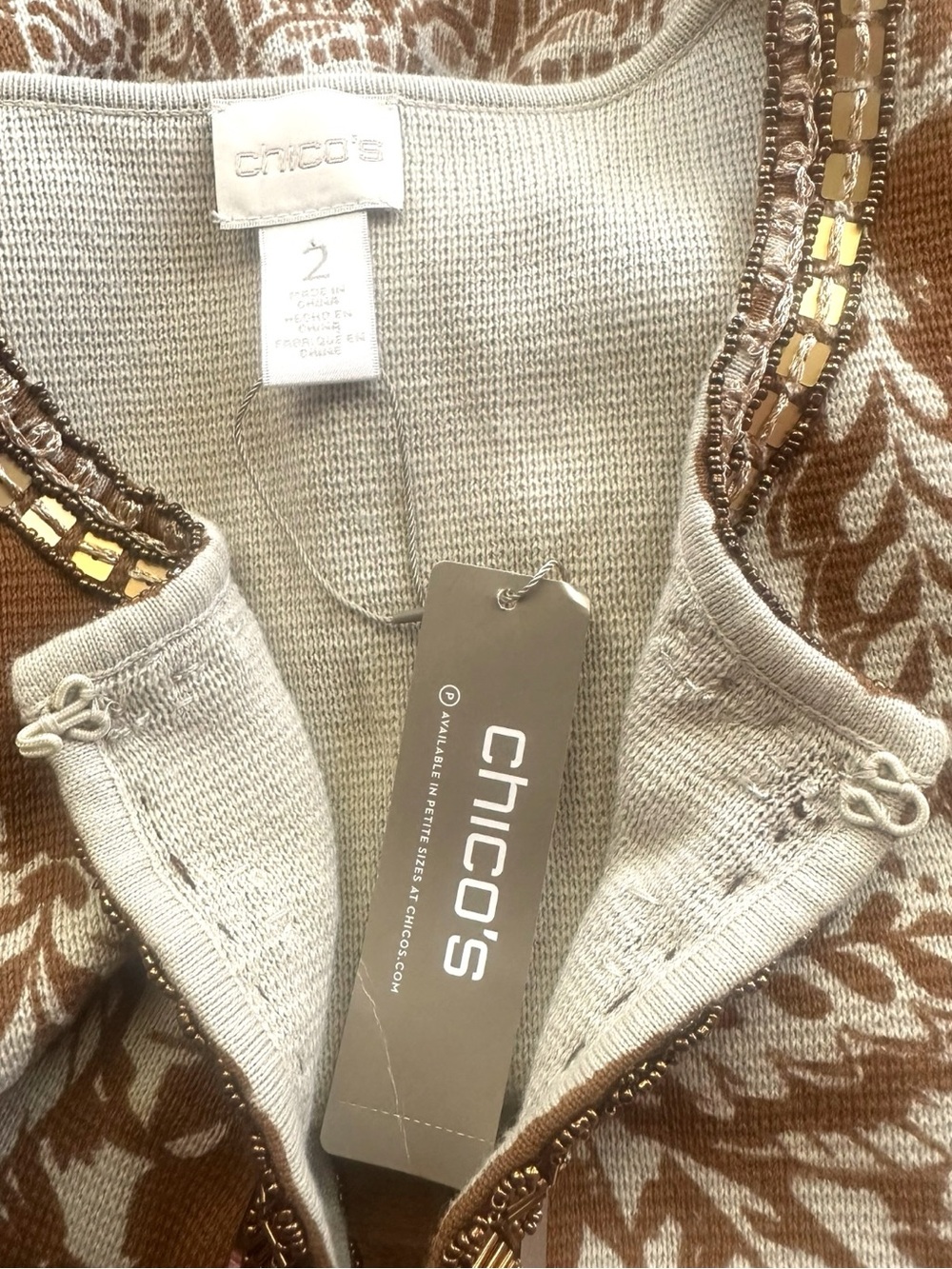 Chico’s NWT Embellished Pattern Cardigan Golden Ochre Beaded Knit Size 2 - Picture 10 of 11